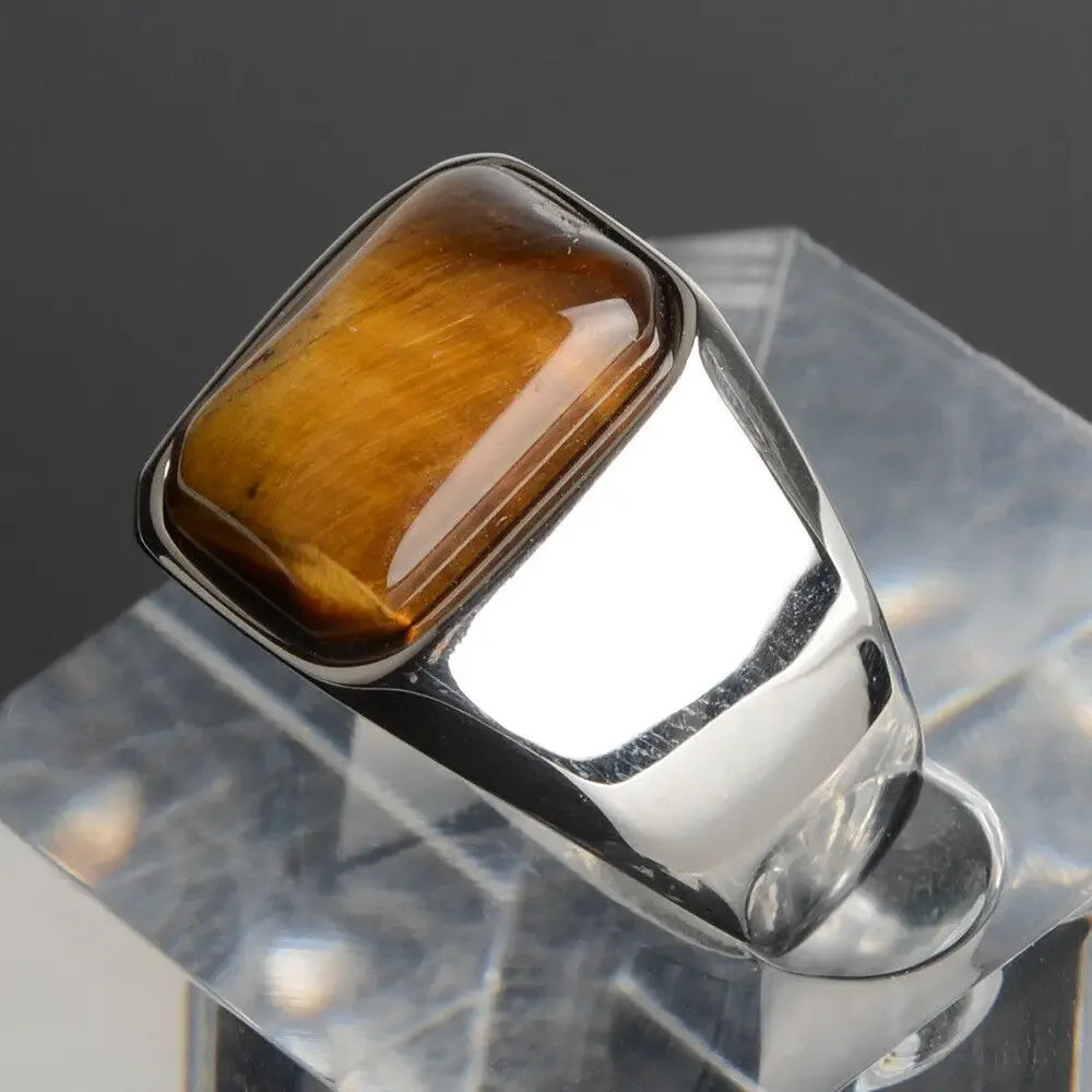Natural Gemstone Tiger Eye Signet Ring Stainless Steel Waterproof