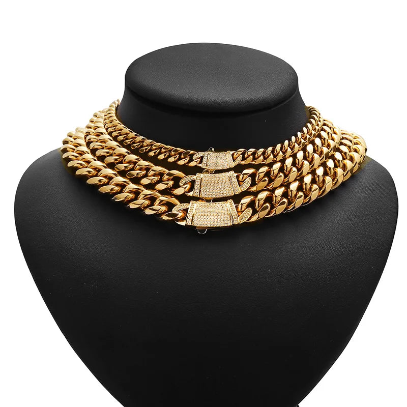 Silver Color Stainless Steel Cuban Miami Chains Necklaces CZ Zircon Lock Link