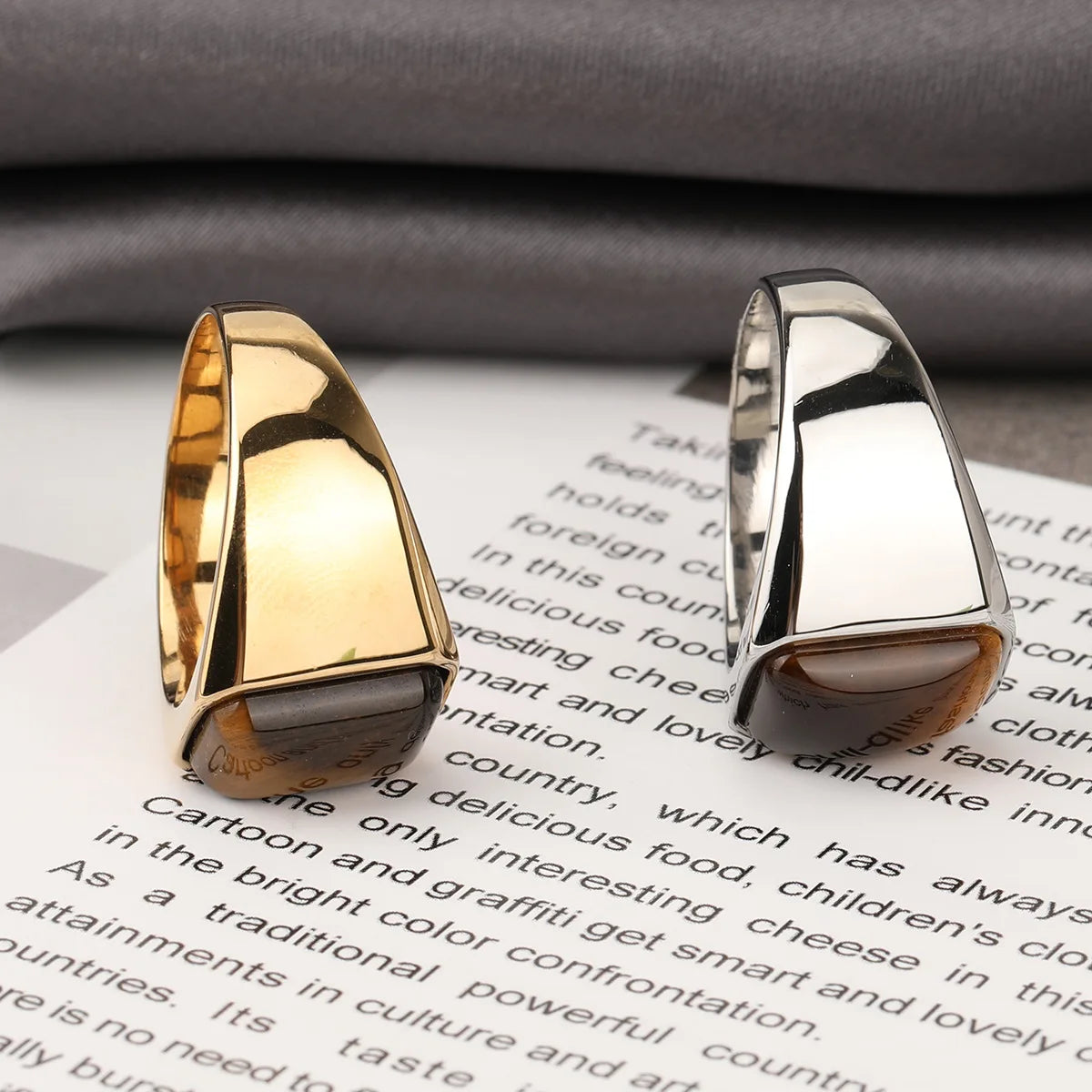 Natural Gemstone Tiger Eye Signet Ring Stainless Steel Waterproof