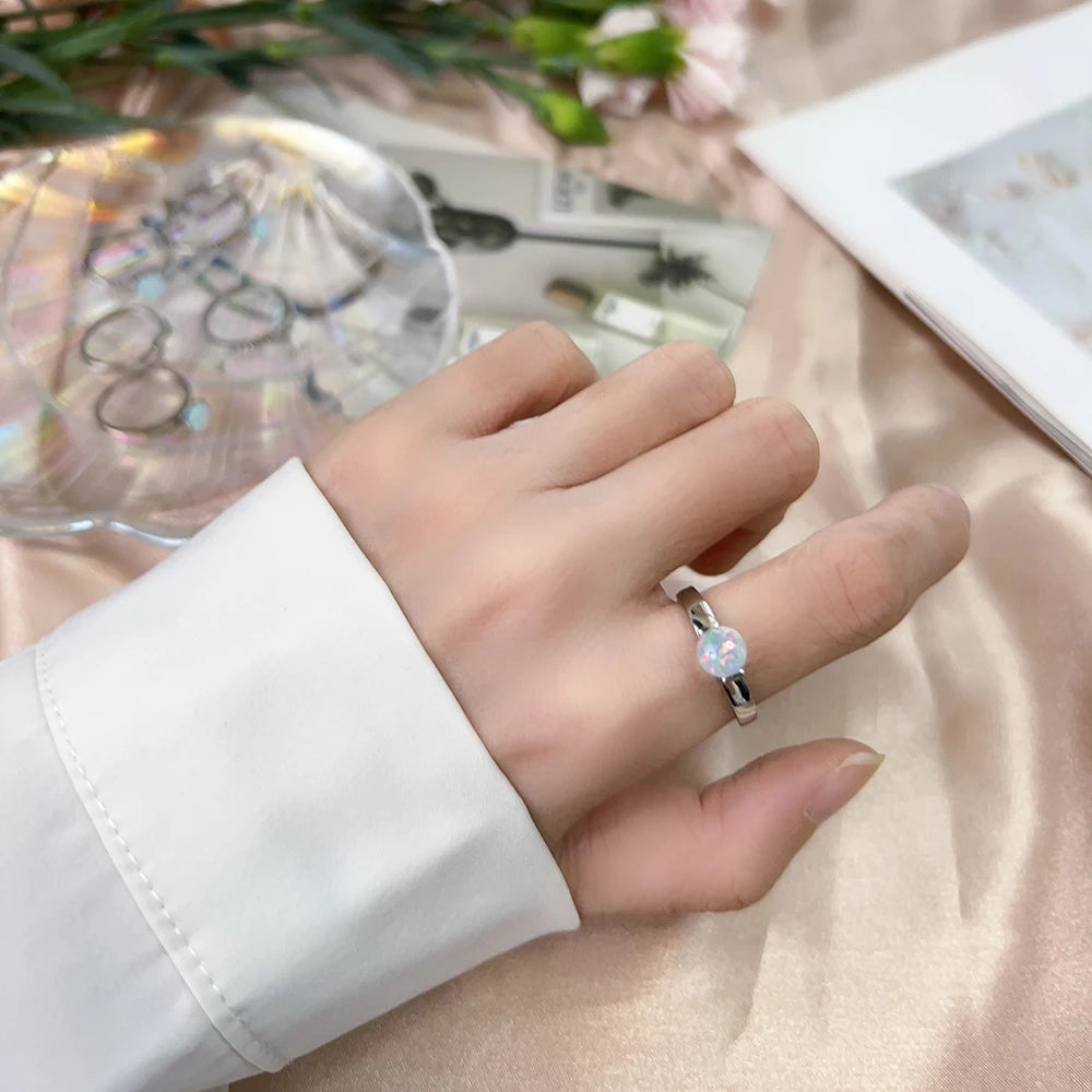6*6mm Artificial Australian Opal Ring Fine Jewelry Rings for Women Anniversary Gift 316L Stainless Steel