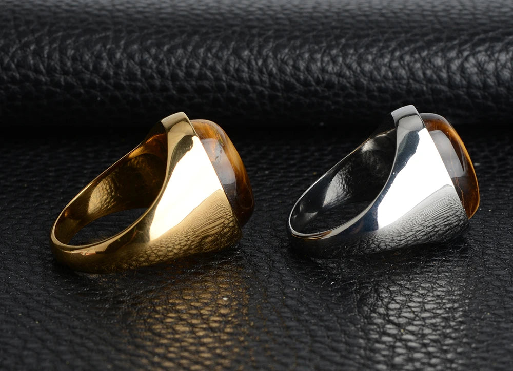 Oval Natural Tiger Eye Stone Rings for Women Men Stainless Steel