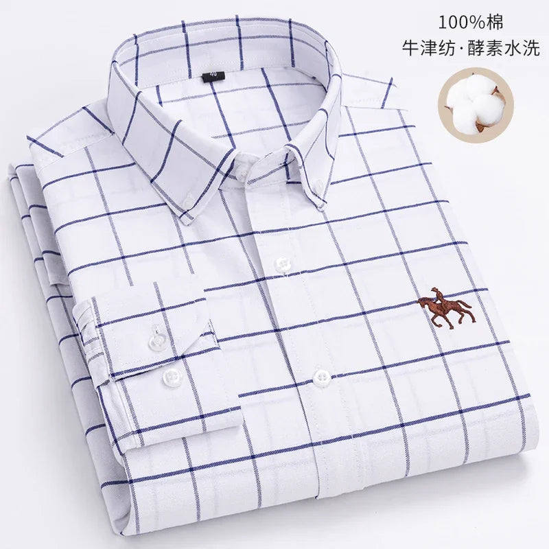 Embroidered Horse Shirts Streetwear Oversized Men Shirt Long Sleeve