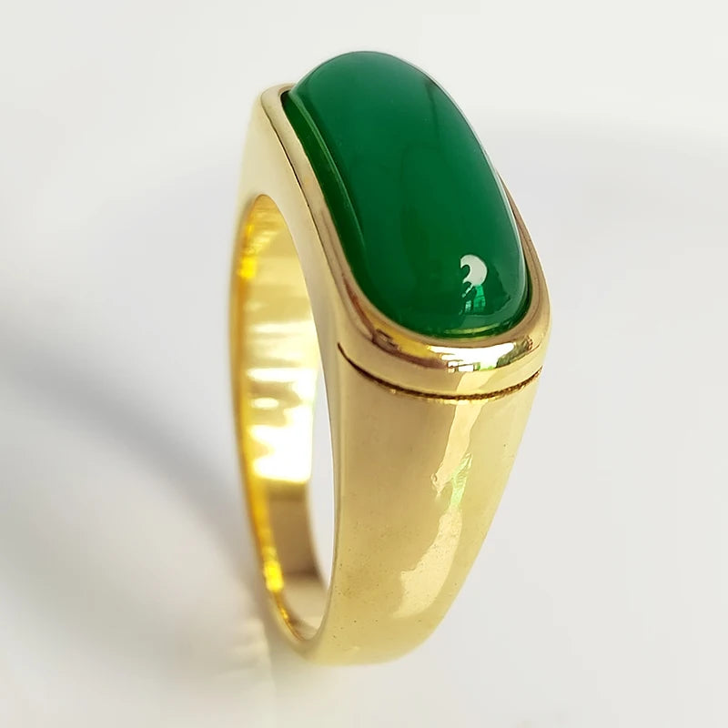 Men's Stainless Steel Ring Inaly Green Jade Smooth Gold Color
