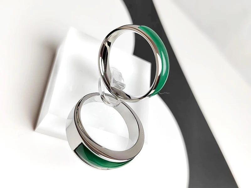 Classic Silver Color Stainless Steel Rings for Women Men Channel Setting Green Opal Simple Wedding Bands Engagement Jewelry