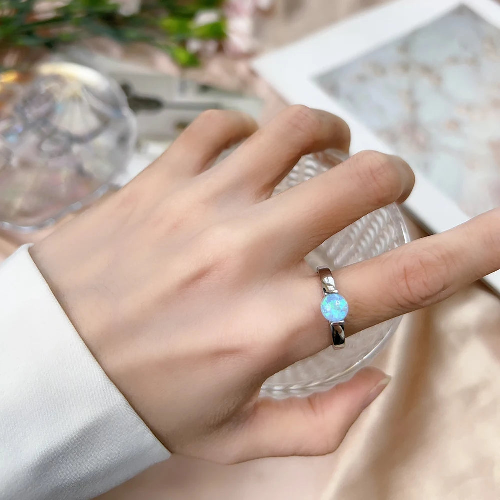 6*6mm Artificial Australian Opal Ring Fine Jewelry Rings for Women Anniversary Gift 316L Stainless Steel