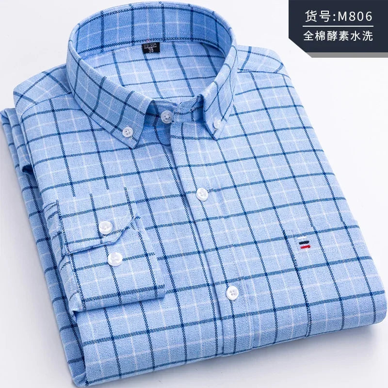 Pure Cotton Men's Plaid Shirt Long Sleeve Regular Fit Men