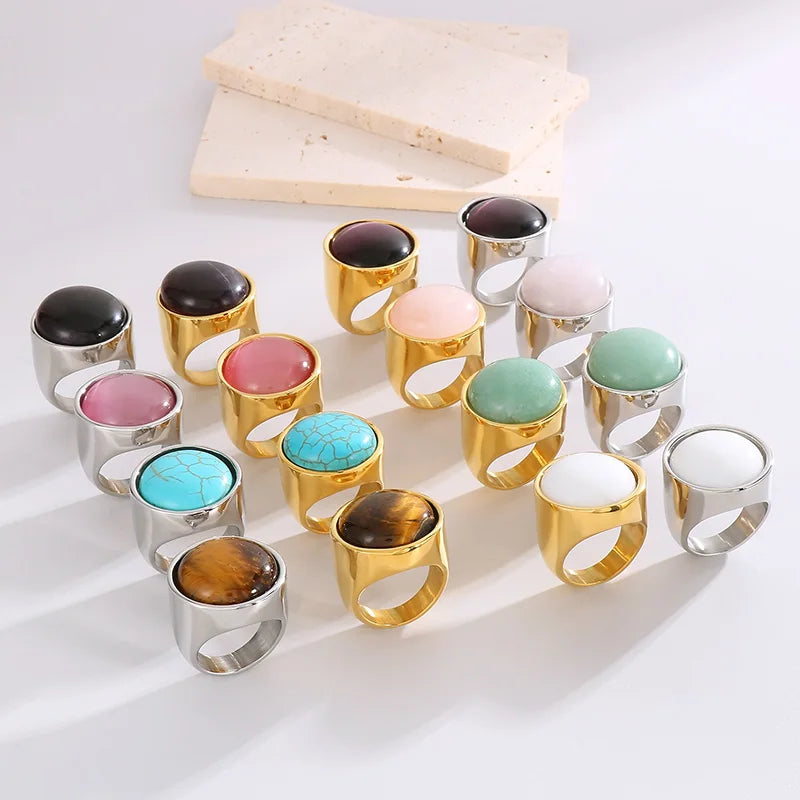 Colorful Glass Shell Pearl Large Rings for Women Men Gold Silver Color Stainless Steel