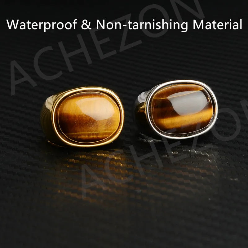 Oval Natural Tiger Eye Stone Rings for Women Men Stainless Steel