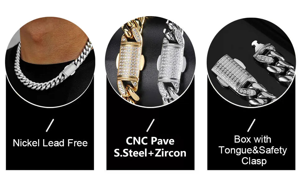 12mm Stainless Steel Homme Cadena Miami Cuban Link Chain Men Rapper Rock Necklace