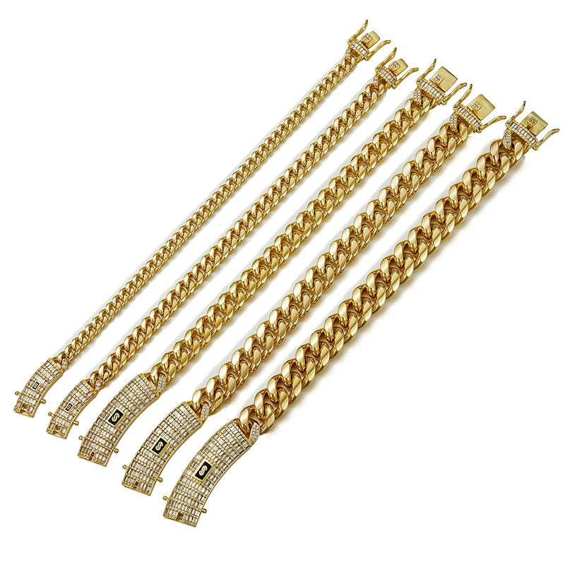 6-14mm Gold Color Stainless Steel Cuban Miami Chains Necklaces CZ Zircon