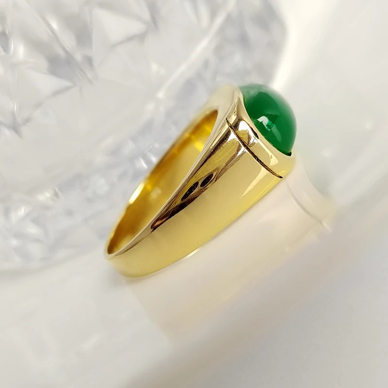 Men's Stainless Steel Ring Inaly Green Jade Smooth Gold Color