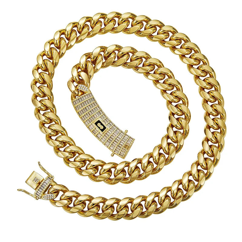 6-14mm Gold Color Stainless Steel Cuban Miami Chains Necklaces CZ Zircon