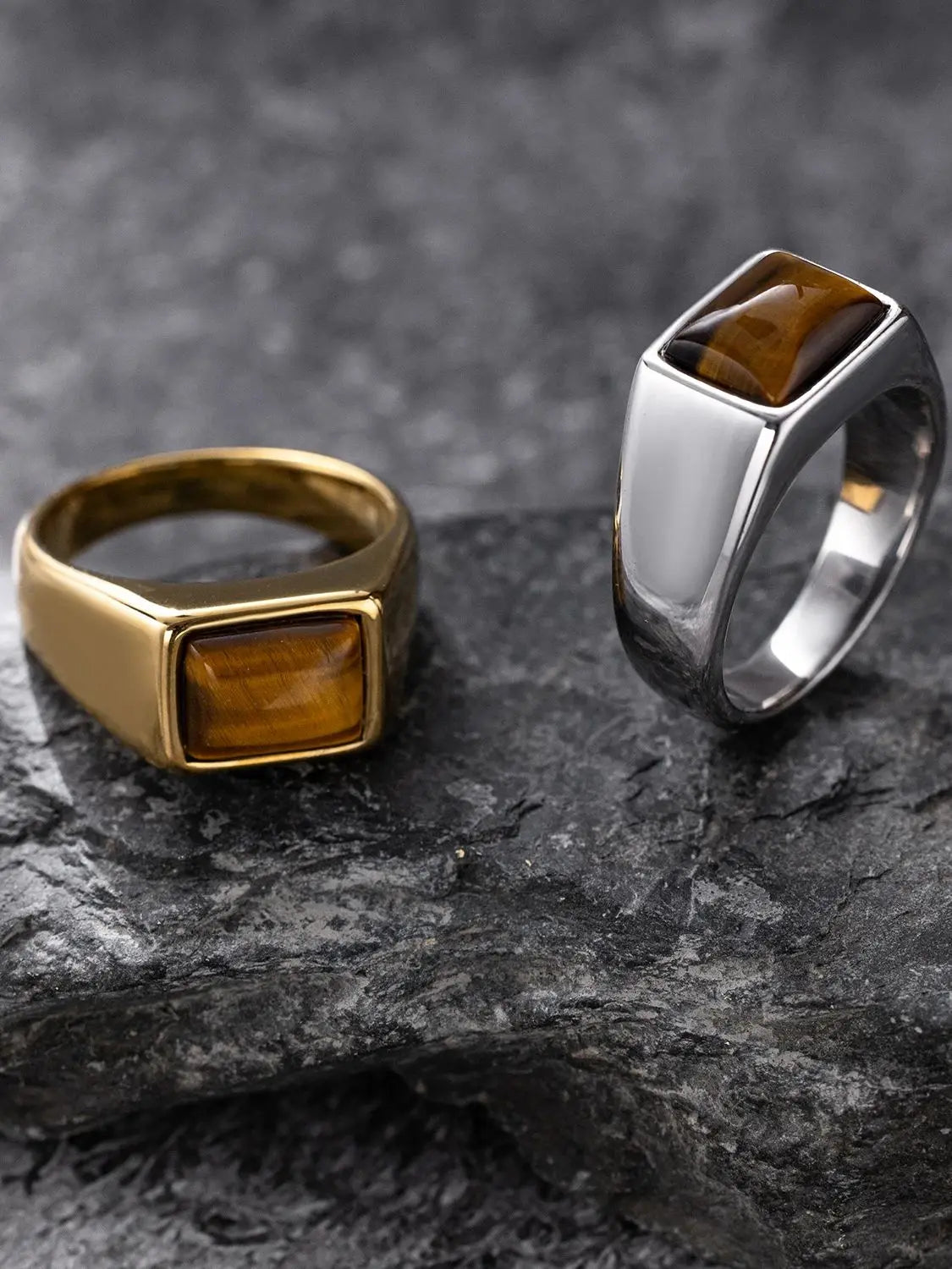 316L Stainless Steel Ring with Natural Tiger's Eye - Simple Retro Style, Single Ring, Gold Plated, Natural Stone for men women