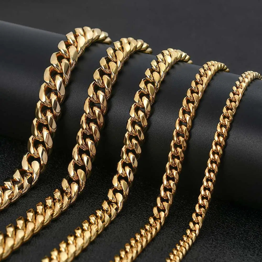 6-16mm Iced Clasp Cuban Link Chain Miami Stainless Steel Necklace Gold Color