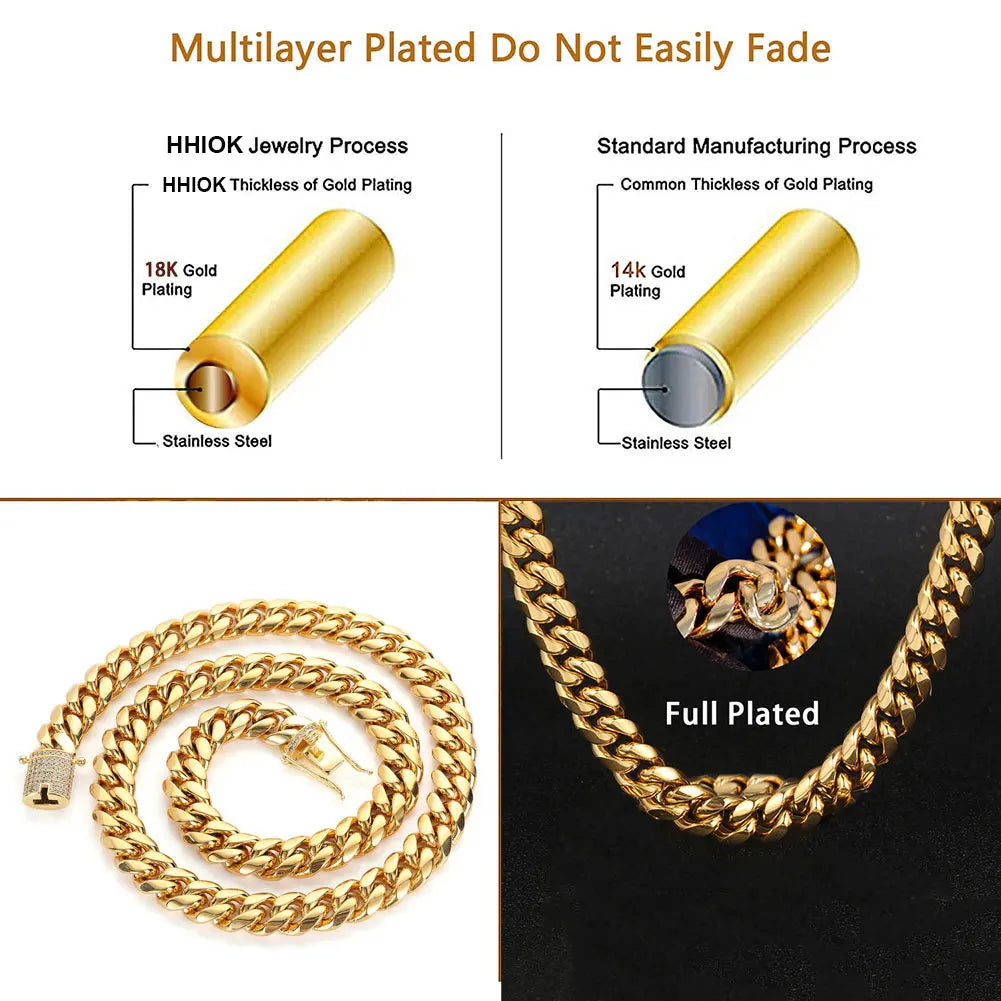 6-16mm Iced Clasp Cuban Link Chain Miami Stainless Steel Necklace Gold Color