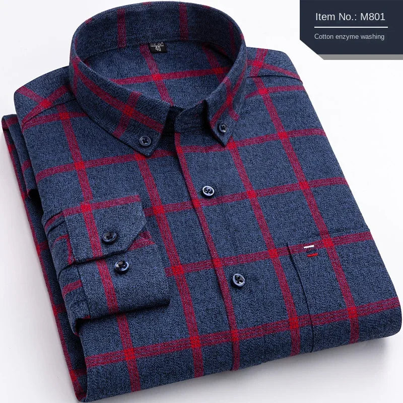 Pure Cotton Men's Plaid Shirt Long Sleeve Regular Fit Men