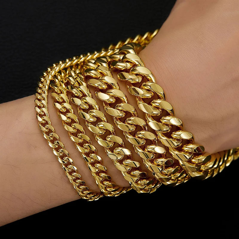 6-14mm Gold Color Stainless Steel Cuban Miami Chains Necklaces CZ Zircon