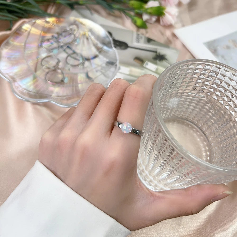 6*6mm Artificial Australian Opal Ring Fine Jewelry Rings for Women Anniversary Gift 316L Stainless Steel
