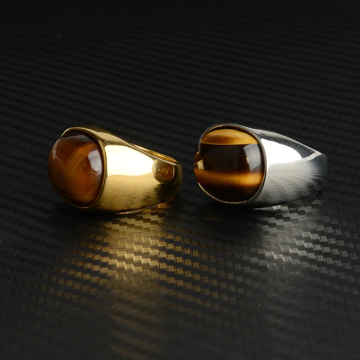 Oval Natural Tiger Eye Stone Rings for Women Men Stainless Steel
