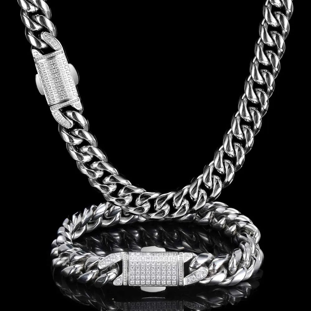 12mm Stainless Steel Homme Cadena Miami Cuban Link Chain Men Rapper Rock Necklace