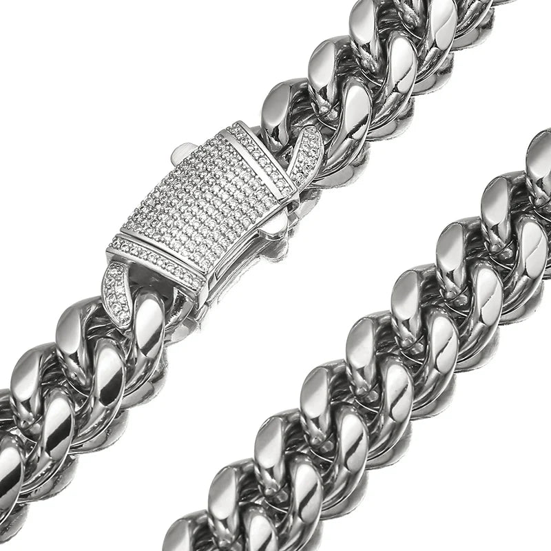 Silver Color Stainless Steel Cuban Miami Chains Necklaces CZ Zircon Lock Link
