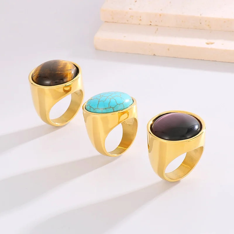 Colorful Glass Shell Pearl Large Rings for Women Men Gold Silver Color Stainless Steel