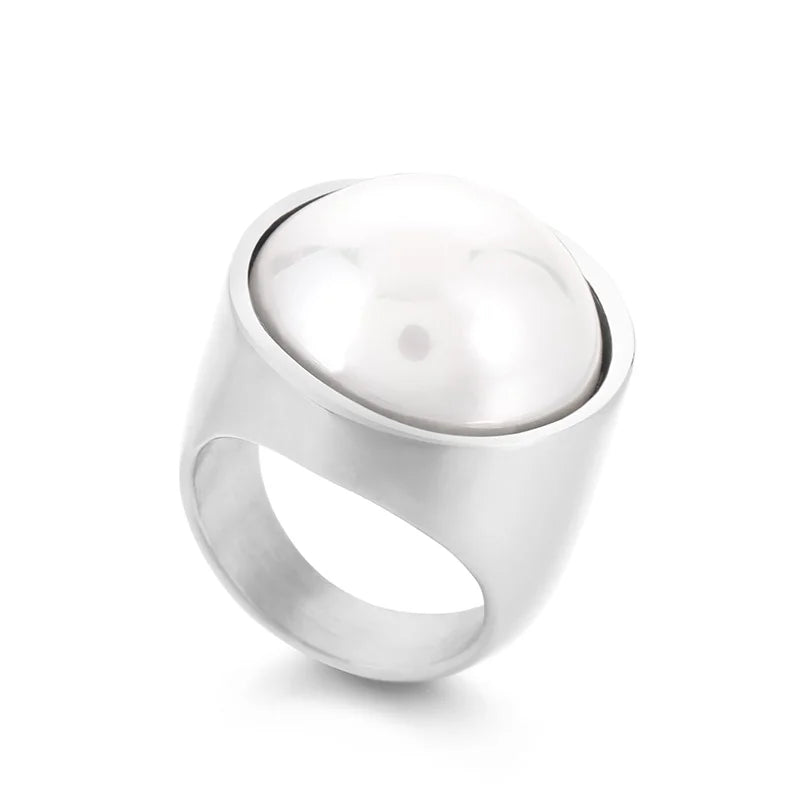 Colorful Glass Shell Pearl Large Rings for Women Men Gold Silver Color Stainless Steel