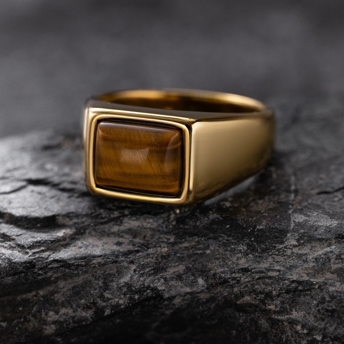 316L Stainless Steel Ring with Natural Tiger's Eye - Simple Retro Style, Single Ring, Gold Plated, Natural Stone for men women