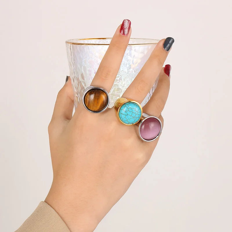 Colorful Glass Shell Pearl Large Rings for Women Men Gold Silver Color Stainless Steel
