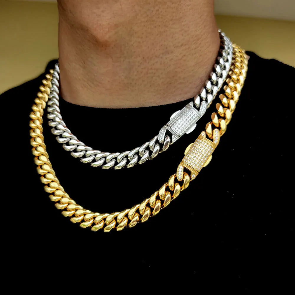 12mm Stainless Steel Homme Cadena Miami Cuban Link Chain Men Rapper Rock Necklace