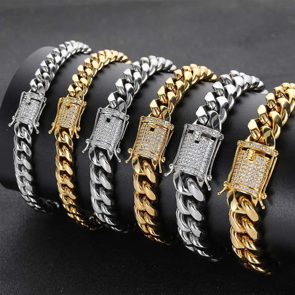 6-16mm Iced Clasp Cuban Link Chain Miami Stainless Steel Necklace Gold Color