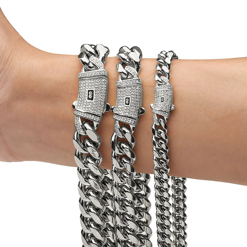 Silver Color Stainless Steel Cuban Miami Chains Necklaces CZ Zircon Lock Link