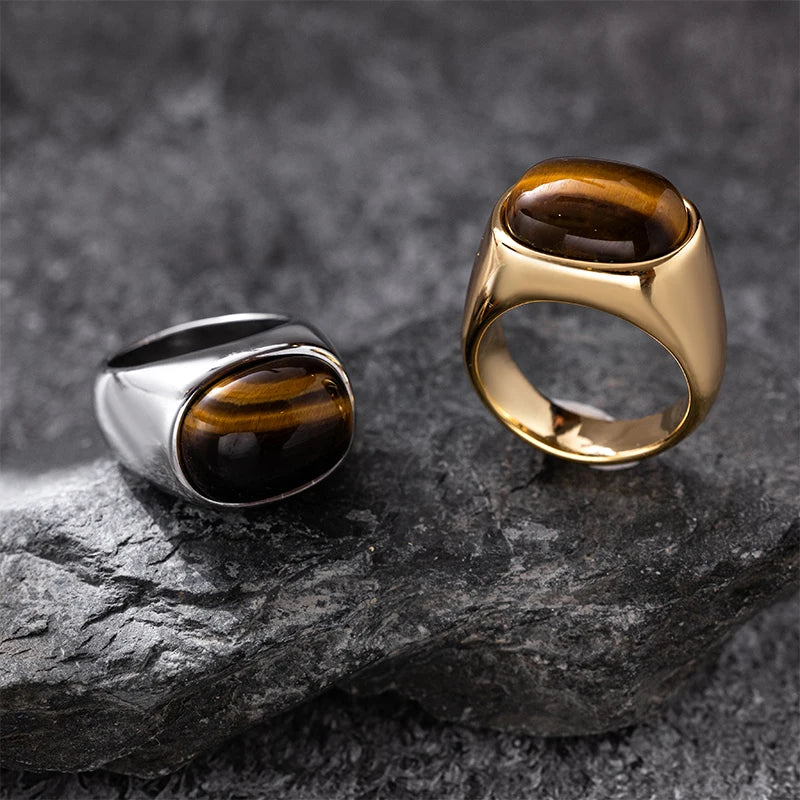 316L Stainless Steel Ring with Natural Tiger's Eye - Simple Round Style, Unisex Ring, Gold Plated, Natural Stone for men women