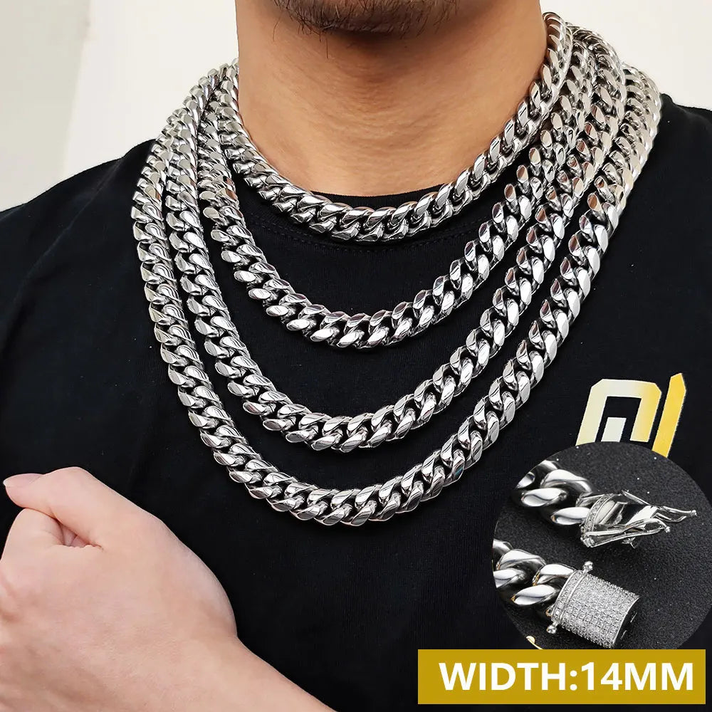 6-16mm Iced Clasp Cuban Link Chain Miami Stainless Steel Necklace Gold Color