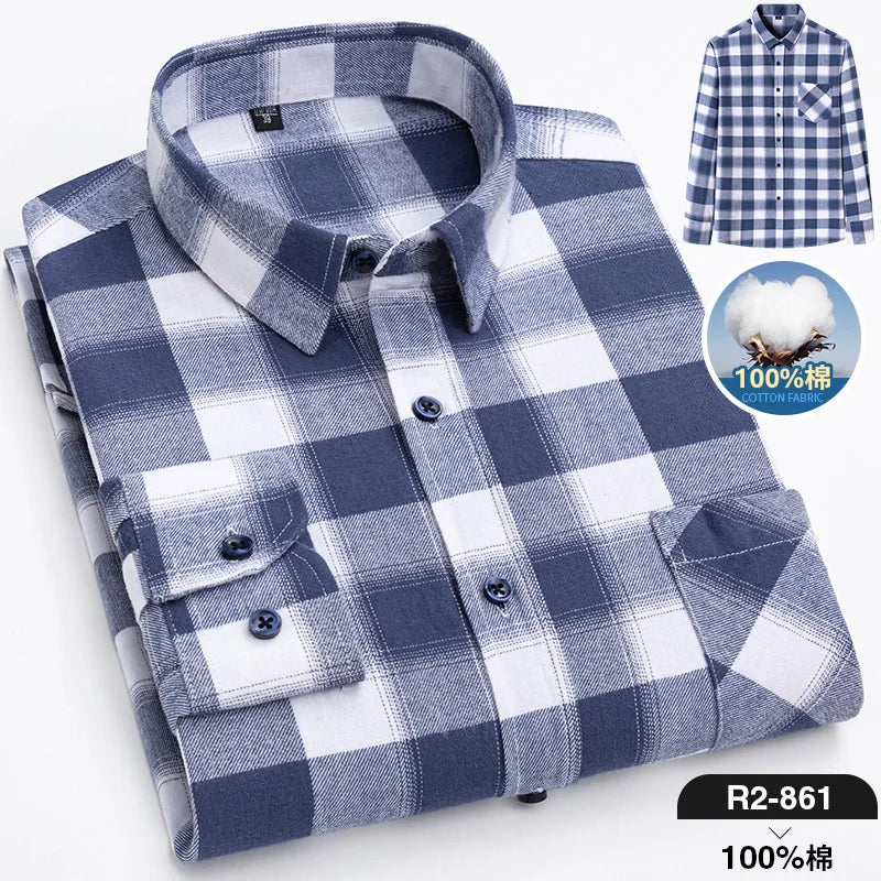 Pure Cotton Men's Plaid Shirt Long Sleeve Regular Fit Men