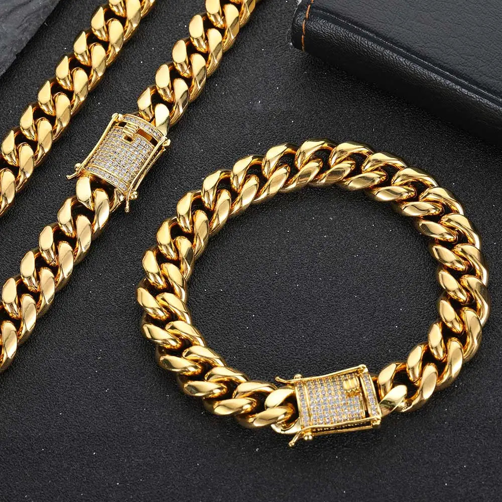 6-16mm Iced Clasp Cuban Link Chain Miami Stainless Steel Necklace Gold Color