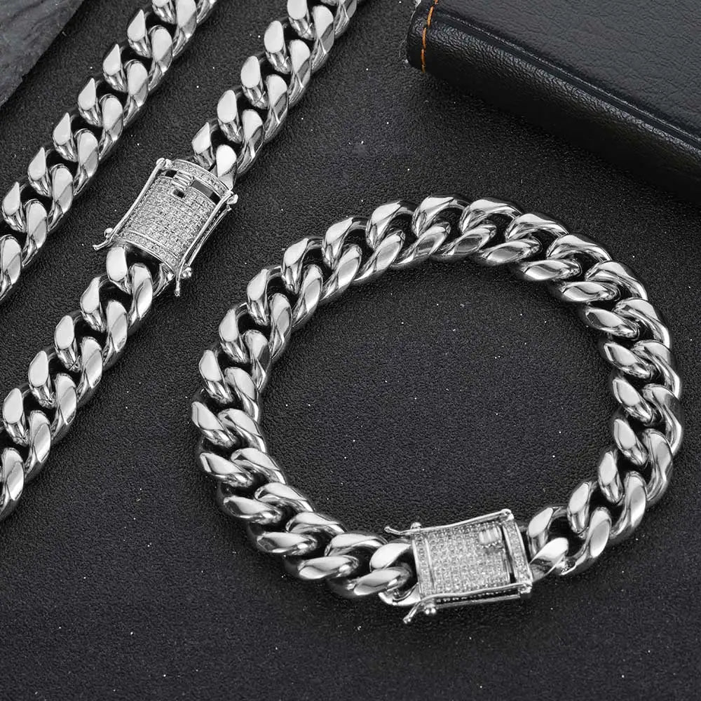 6-16mm Iced Clasp Cuban Link Chain Miami Stainless Steel Necklace Gold Color