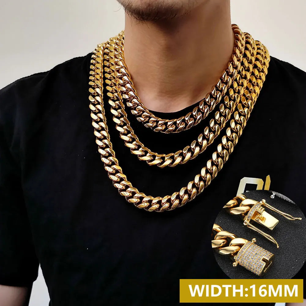 6-16mm Iced Clasp Cuban Link Chain Miami Stainless Steel Necklace Gold Color