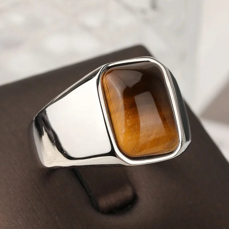 Natural Gemstone Tiger Eye Signet Ring Stainless Steel Waterproof