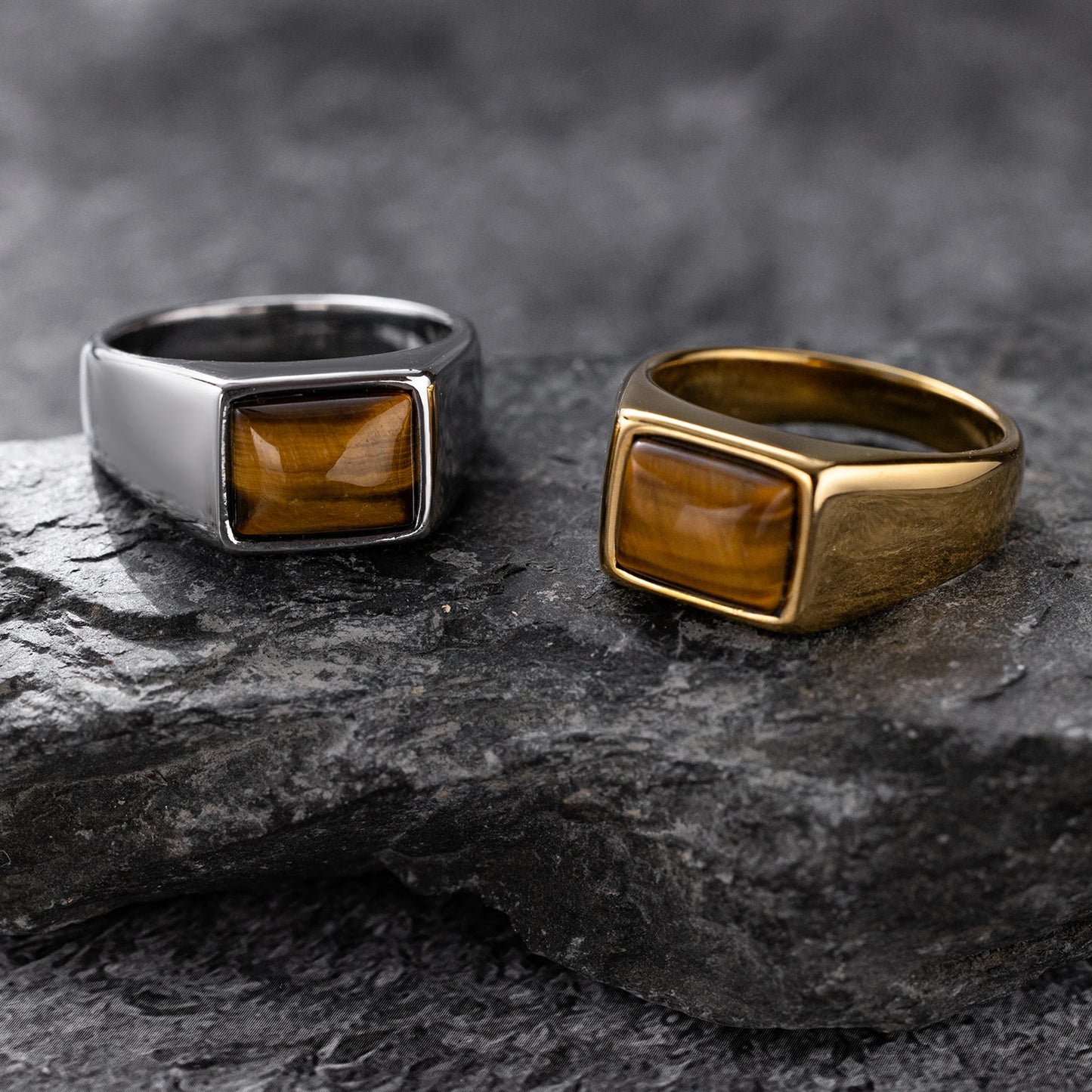 316L Stainless Steel Ring with Natural Tiger's Eye - Simple Retro Style, Single Ring, Gold Plated, Natural Stone for men women