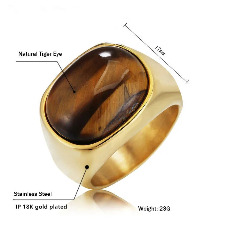 Oval Natural Tiger Eye Stone Rings for Women Men Stainless Steel