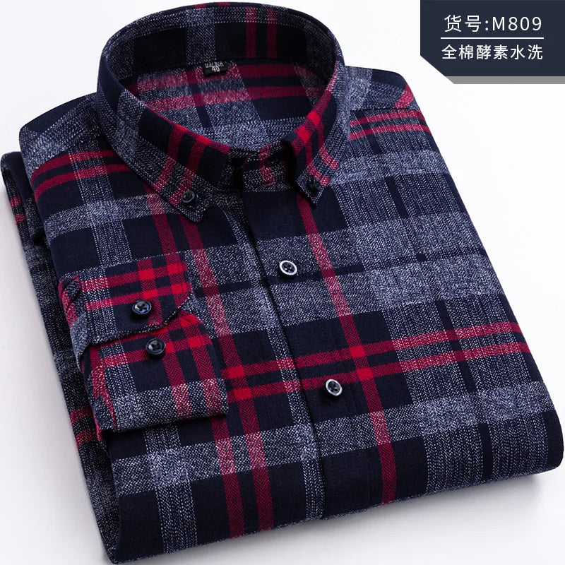 Pure Cotton Men's Plaid Shirt Long Sleeve Regular Fit Men
