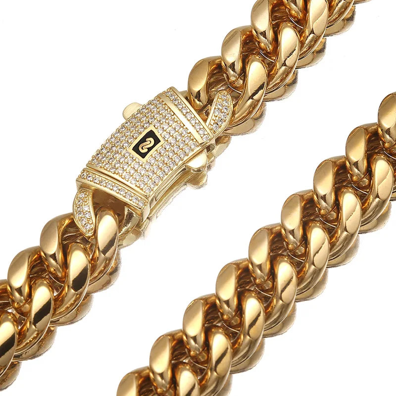 Silver Color Stainless Steel Cuban Miami Chains Necklaces CZ Zircon Lock Link