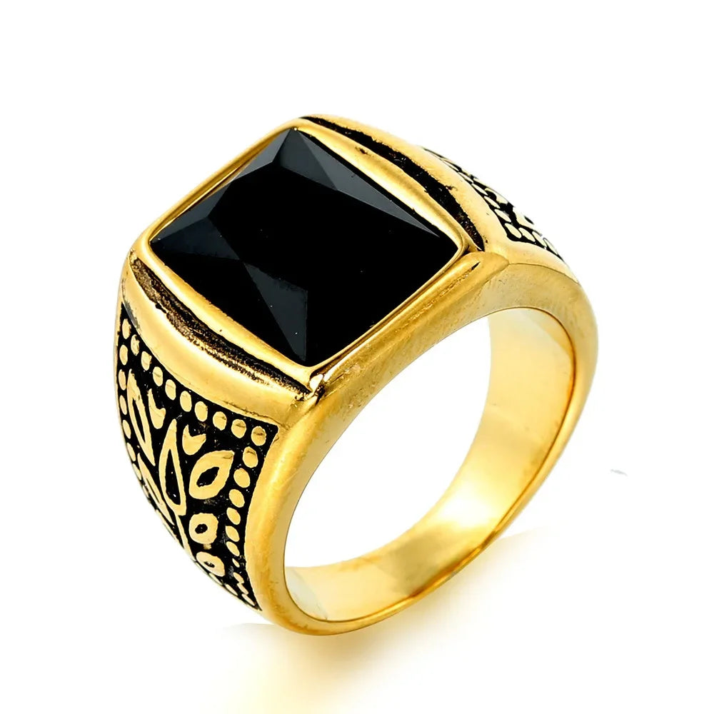 Never Fade Stone Rings Men Hip Hop Pattern Stainless Steel