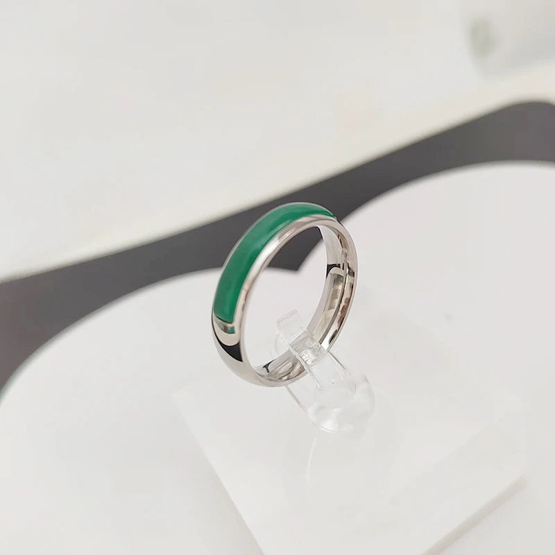 Classic Silver Color Stainless Steel Rings for Women Men Channel Setting Green Opal Simple Wedding Bands Engagement Jewelry