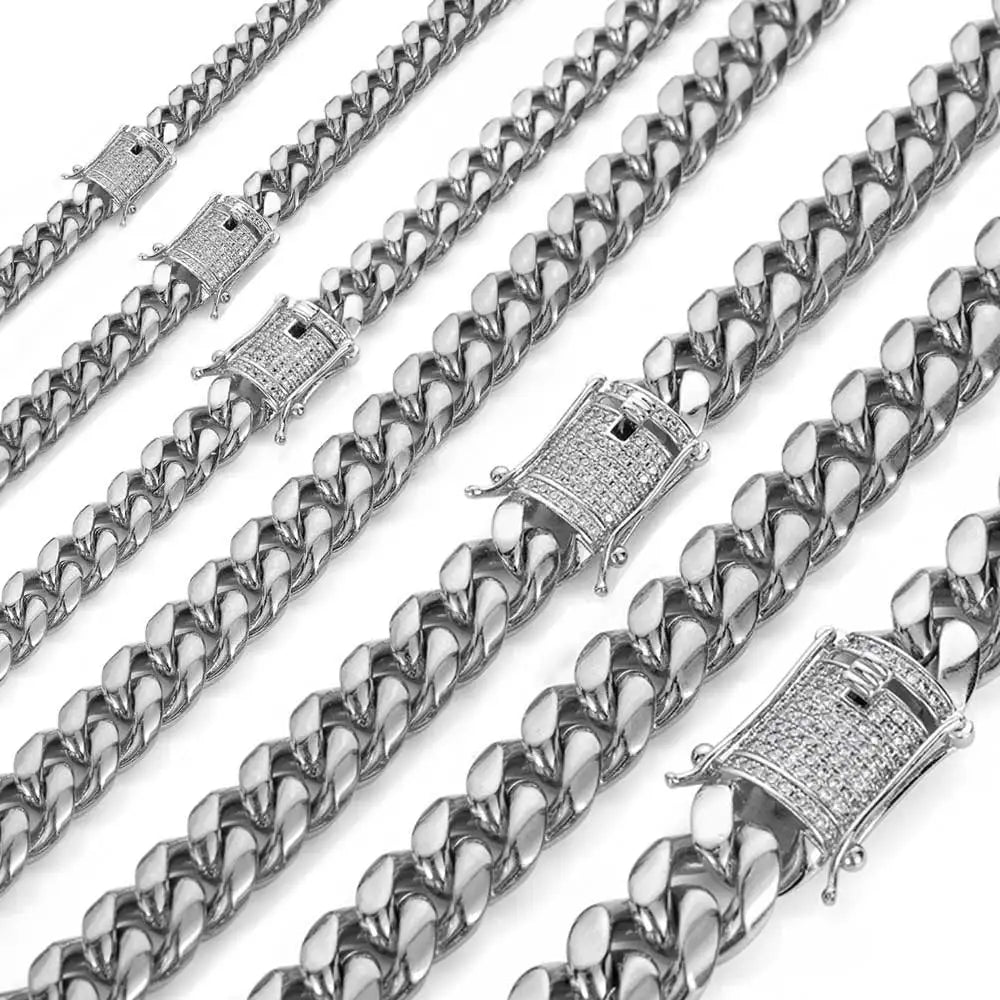 6-16mm Iced Clasp Cuban Link Chain Miami Stainless Steel Necklace Gold Color