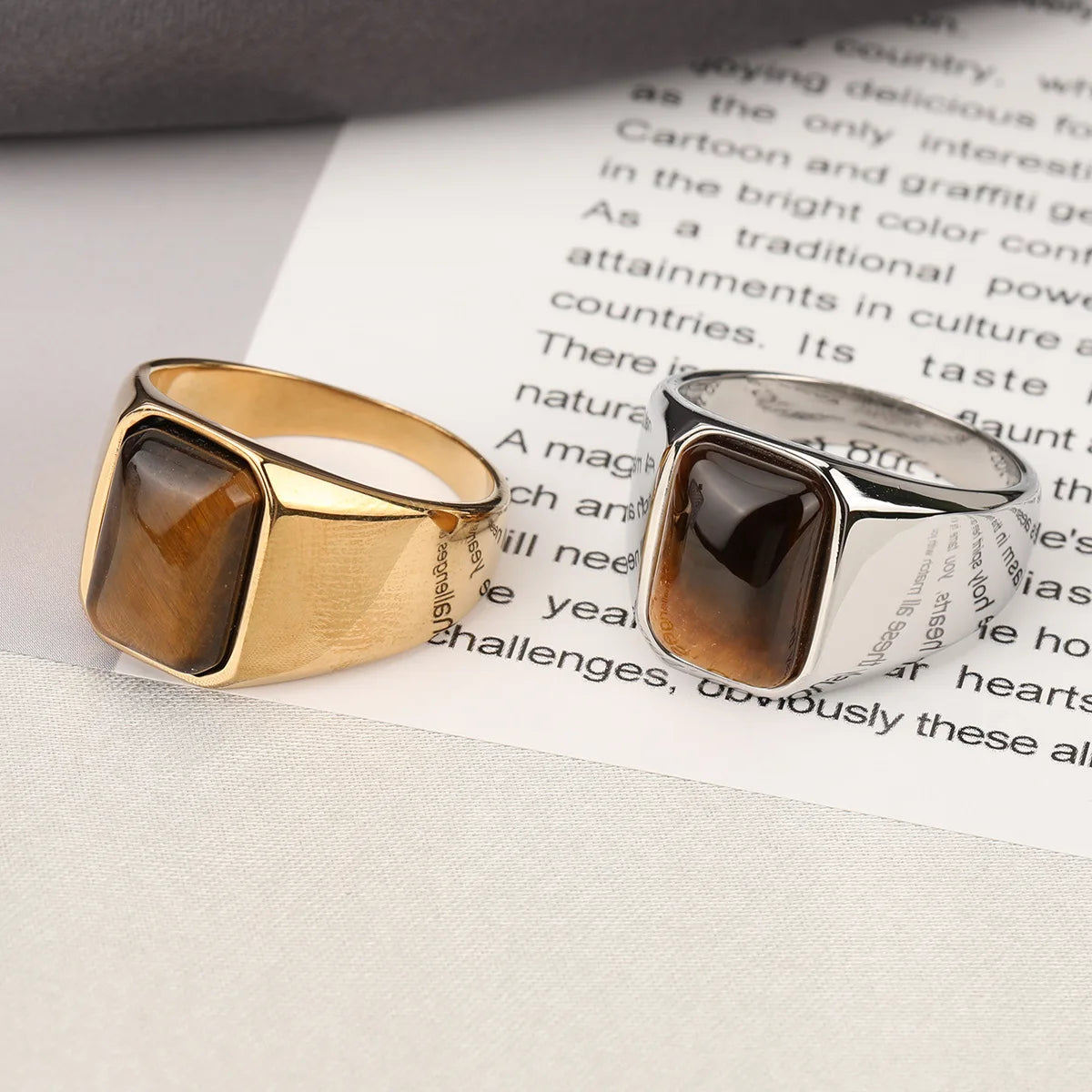 Natural Gemstone Tiger Eye Signet Ring Stainless Steel Waterproof