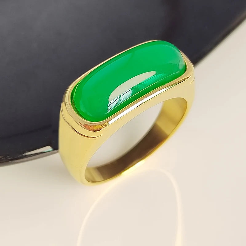 Men's Stainless Steel Ring Inaly Green Jade Smooth Gold Color