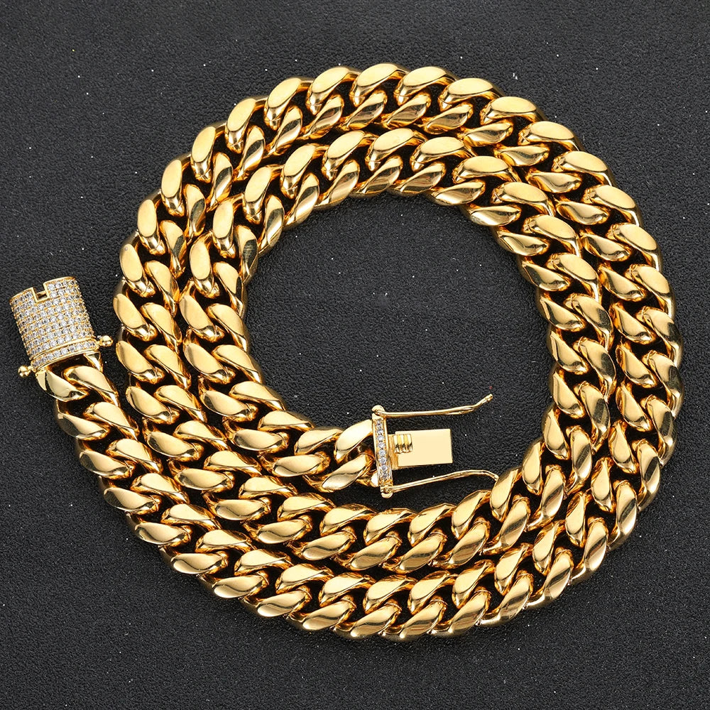 Stainless Steel Miami Cuban Link Chain Necklace Bracelet Men Women Silver Color