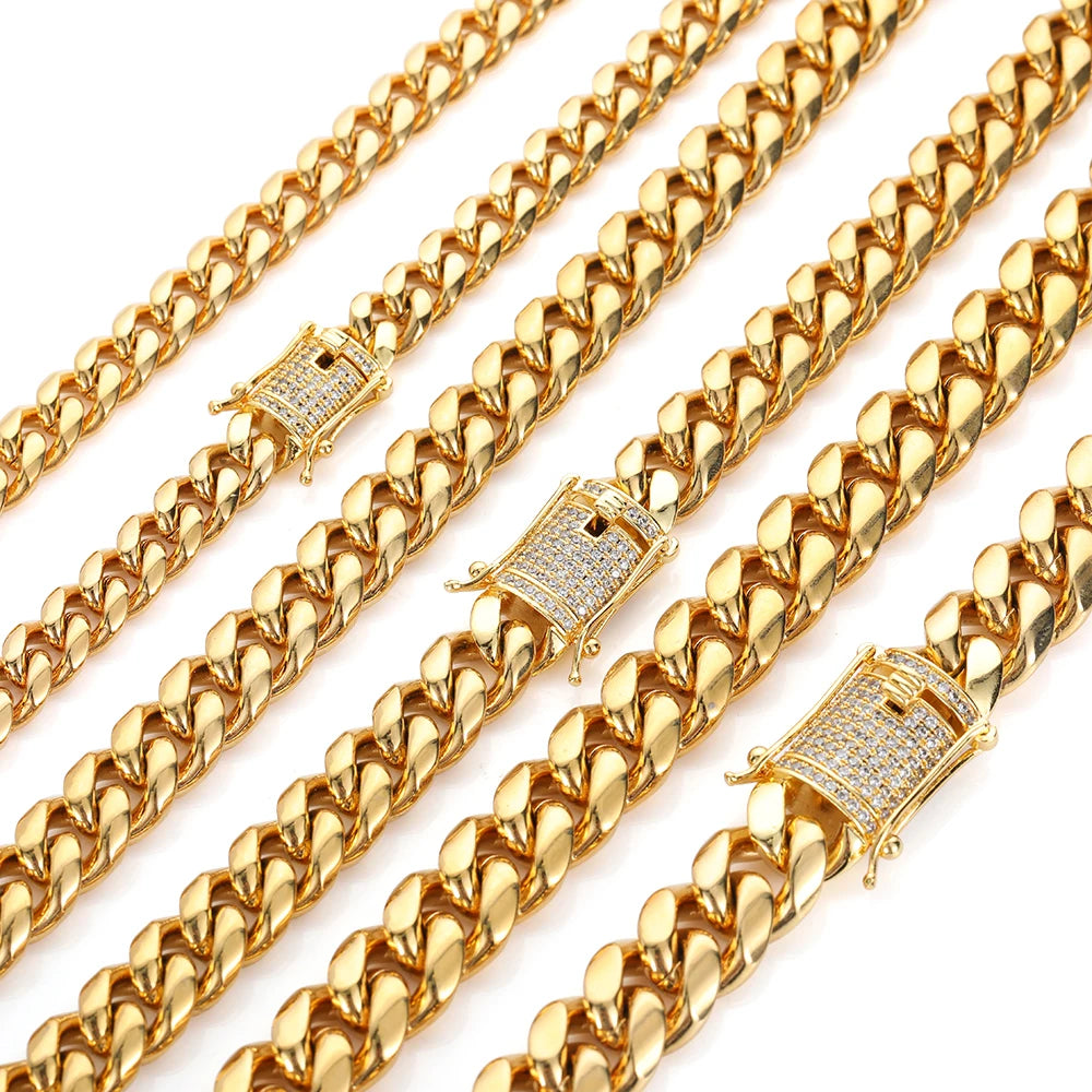 Stainless Steel Miami Cuban Link Chain Necklace Bracelet Men Women Silver Color
